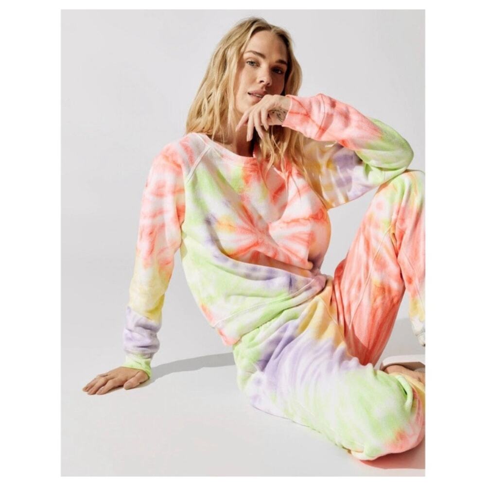 Re/Done x Hanes 2 Piece Raglan Neon Tie Dye Spiral Sweatshirt & Sweatpants M NEW - Picture 3 of 16
